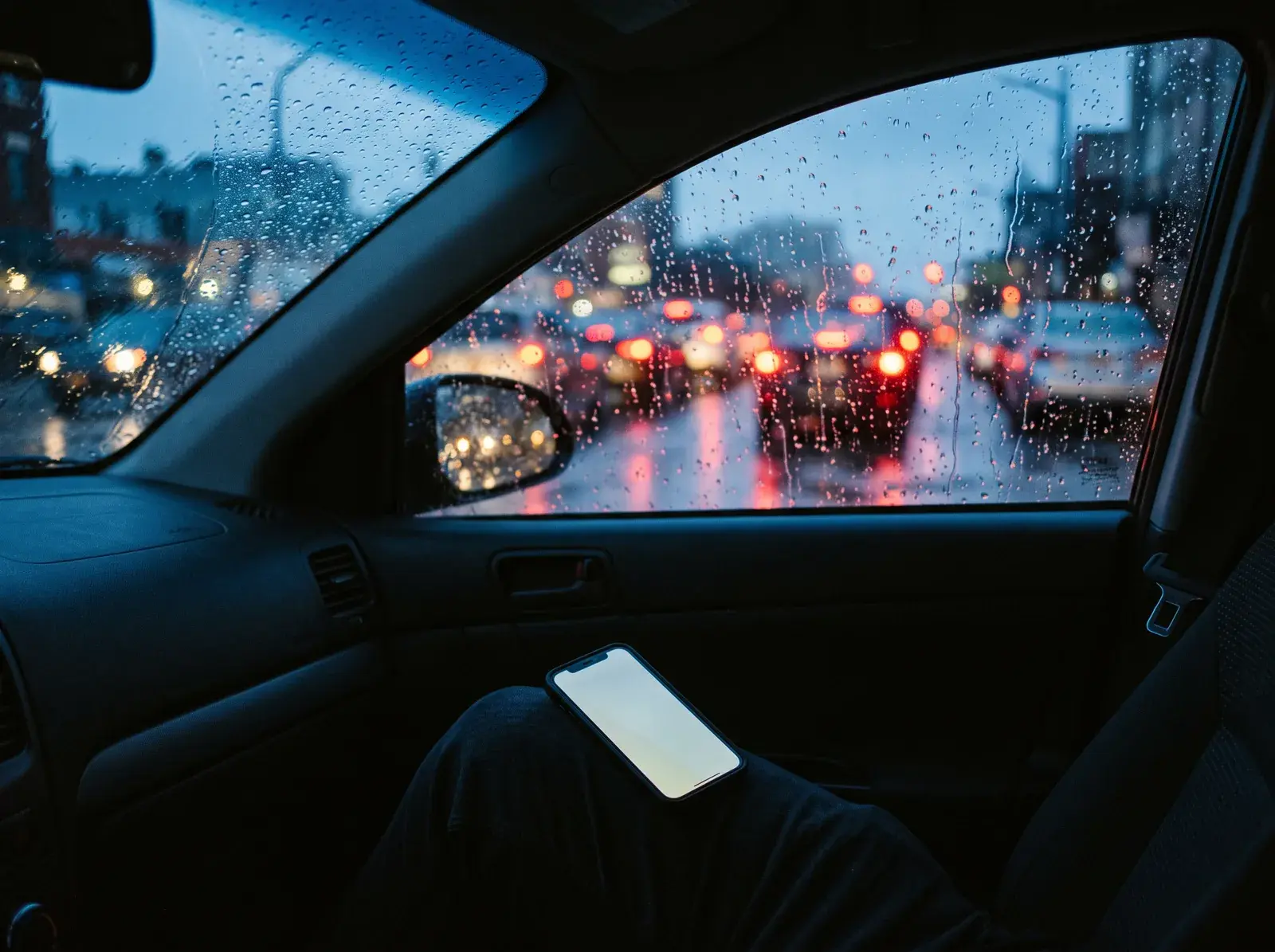 The view from inside a parked car at dusk, rain on the glass, a phone glowing on the seat and blurred taillights beyond.
