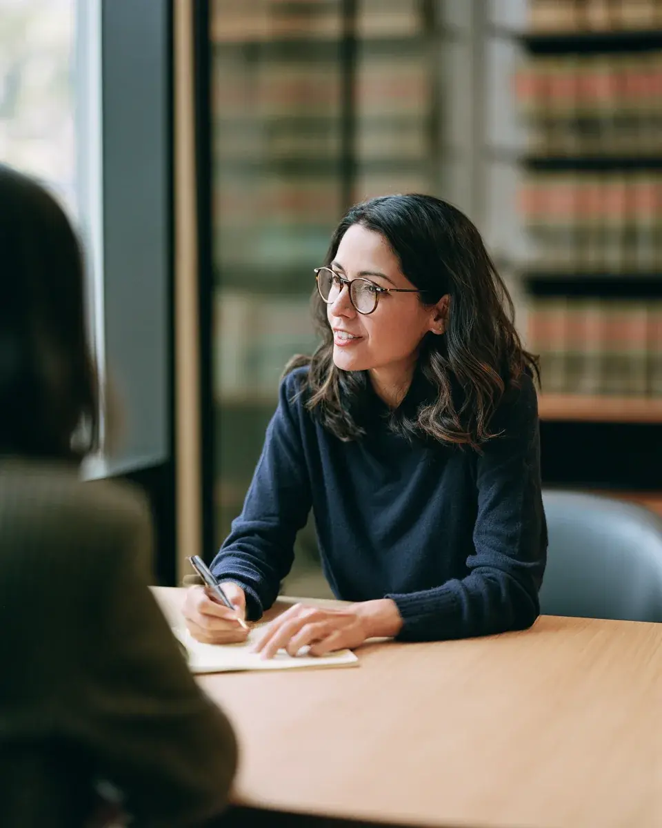 An attorney at a table in a bright office, smiling as she listens to a client and writes notes, with shelves of law books behind her.